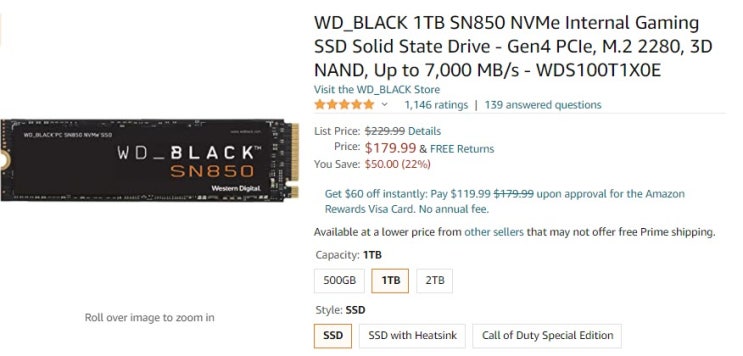 [amazon] WD 블랙 SN850 NVMe 1TB $180 (11번가 아마존 구매시 21만원 이하)
