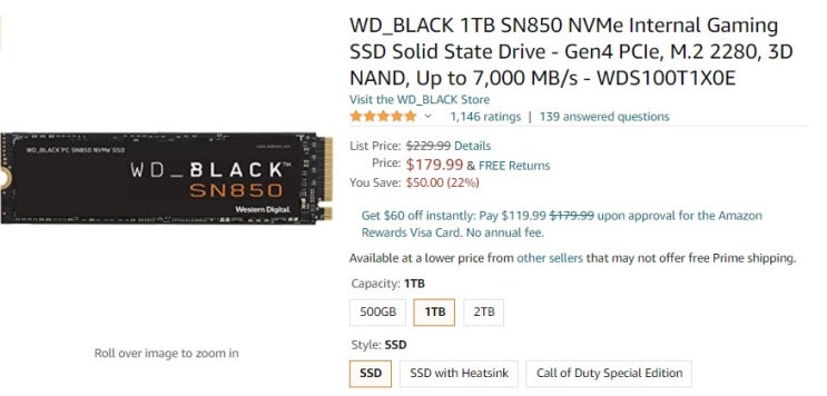  [amazon] WD 블랙 SN850 NVMe 1TB $180 (11번가 아마존 구매시 21만원 이하)
