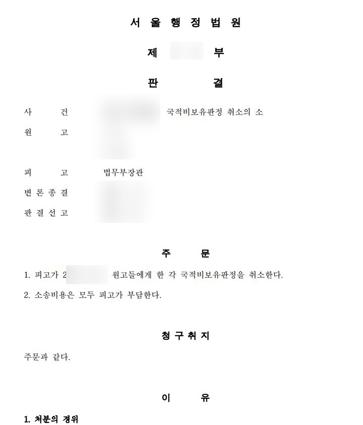  한국 국적보유판정신청 미보유결정 취소 소송, 외국인 엄마 자녀 국적회복 행정법원 국제결혼변호사 판례