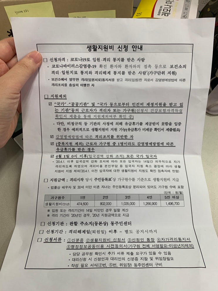 자가격리 지원금 얼마나 나올까? 길동주민센터 생활지원금