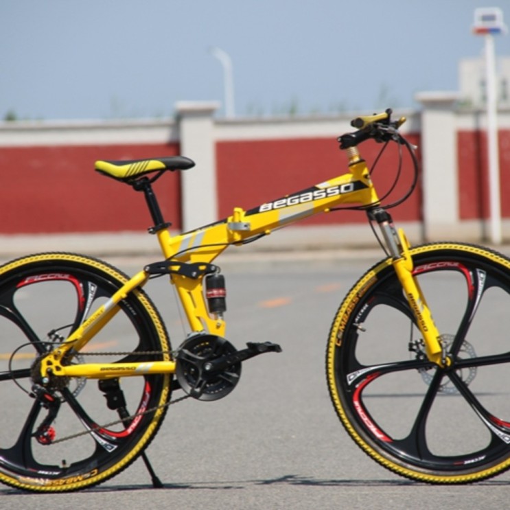 인지도 있는 BeGasso 26 인치 접이식 자전거 가변 속도 충격 흡수 오일 디스크 브레이크 산악용, 24 인치cm, 노란 6 칼 마그네슘 합금 바퀴 + 21 단 좋아요