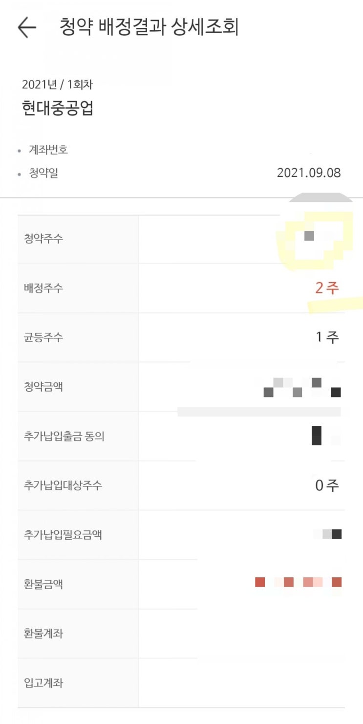  공모주 미래에셋 현대중공업 청약 결과- 2주(균등1, 비례1)