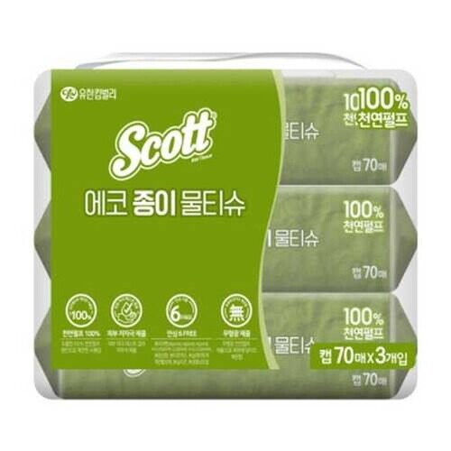 인기있는 SCOTT 스카트 에코 종이 물티슈 캡형 70매 3입 100%천연펄프 무형광 플라스틱프리 FSC인증, 1팩 (3개입x1팩) 추천해요