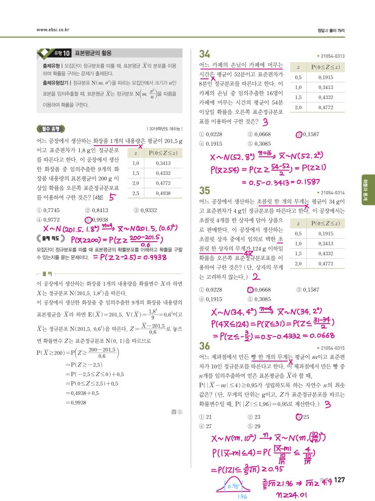 수능완성 확률과 통계 p127) 09 통계 유형10 문제 및 풀이 수능완성 확률과 통계 p127) 09 통계 유형10 문제 및 풀이