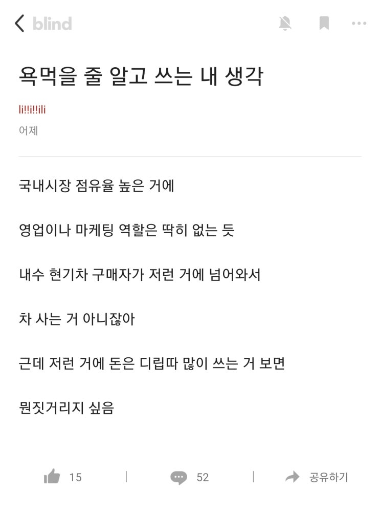  블라인드 현대자동차 국내점유율 광고와 마케팅에 대한 글