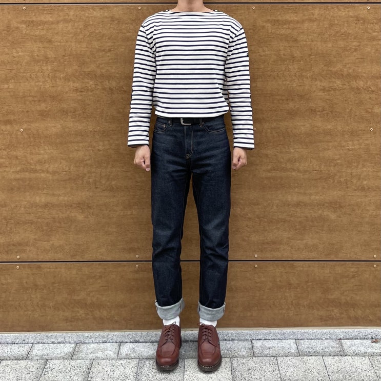  세인트 제임스 길도 엘보패치 데일리룩 (세인트제임스 길도 + 유니클로 셀비지 데님 + 파라부트 샴보드 마룬)