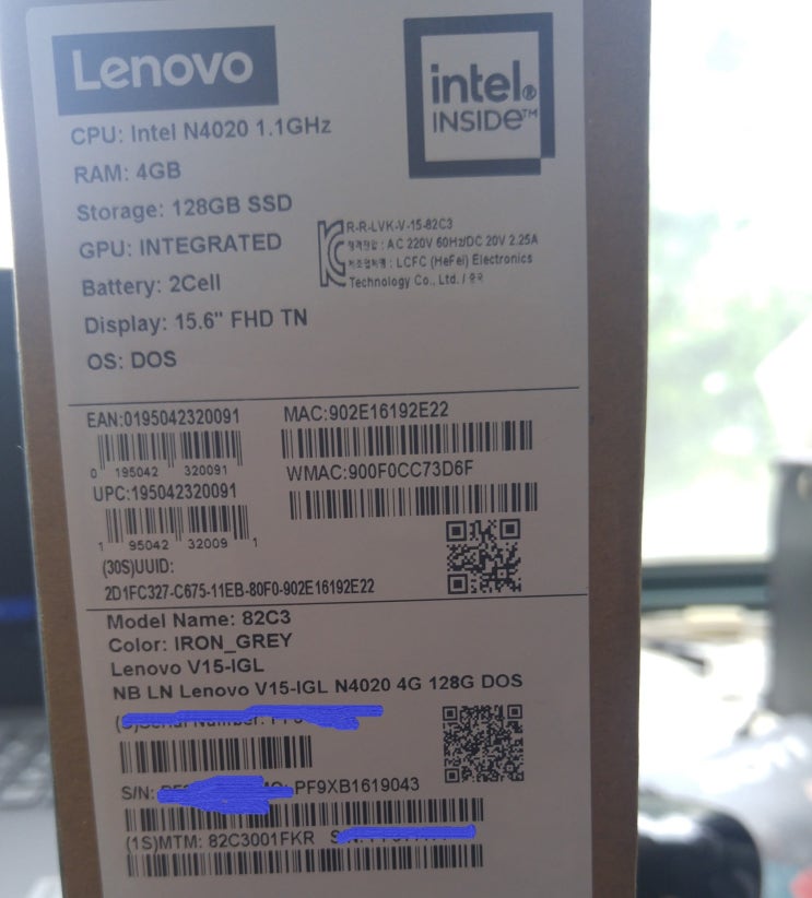  저가형 노트북 구매 윈도우10 설치 레노버 Lenvo V15-IGL PF9XB1619043 N4020 4G 128G Dos