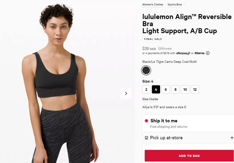 NWT lululemon Align Reversible Bra Light Support A/B Cup Size 8 Black Tigre  Camo
