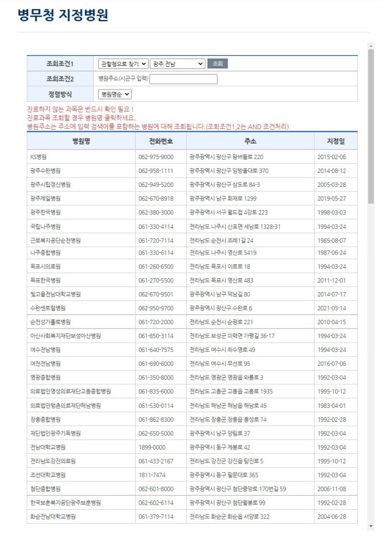 광주 전남 병무청 지정병원 병무용 병사용 진단서 영광 나주 해남 강진 장흥 보성 화순 고흥 순천 여수 목포