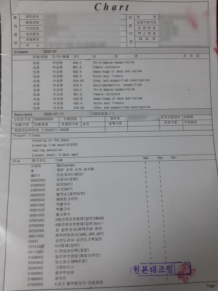 초진차트 비용 가격 진료기록지 병원 진료 내용 후기
