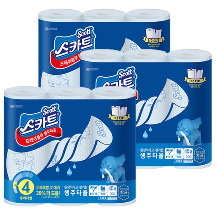 잘나가는 스카트 프레쉬 블루 행주타올 45매, 3롤, 3팩 ··· 잘나가는 스카트 프레쉬 블루 행주타올 45매, 3롤, 3팩 ···