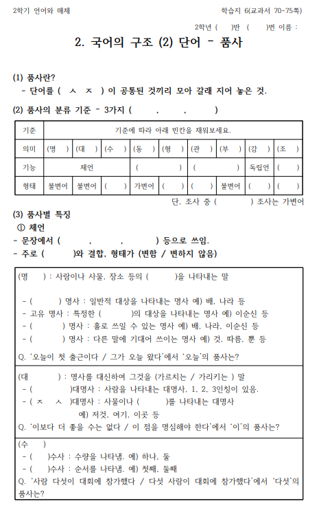 [수업]언어와매체 - 국어 단어의 품사 정리. 국어 9품사, 품사 분류, 불규칙 용언 정리 표 : 네이버 블로그