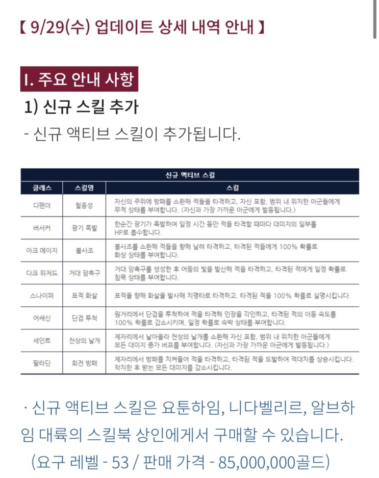 오딘 09월 29일 업데이트 feat 신규 액티브 영웅 스킬