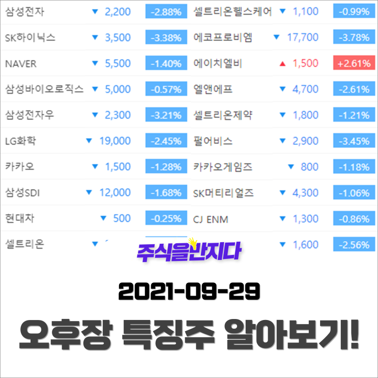 [오후장 특징주] 코스피 시총 TOP 10 종목 모두 약세, 코스닥 1개종목 상승중?