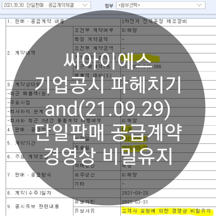 씨아이에스 기업공시 파헤치기 and(21.09.29) 단일판매 공급계약 경영상 비밀유지