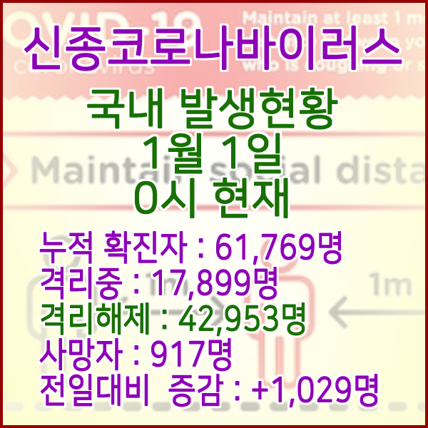  코로나19(코로나바이러스) 1월 1일 0시 국내(해외포함) 발병 61,769명 / 42,953명 완치 격리해제 / 사망자 917명