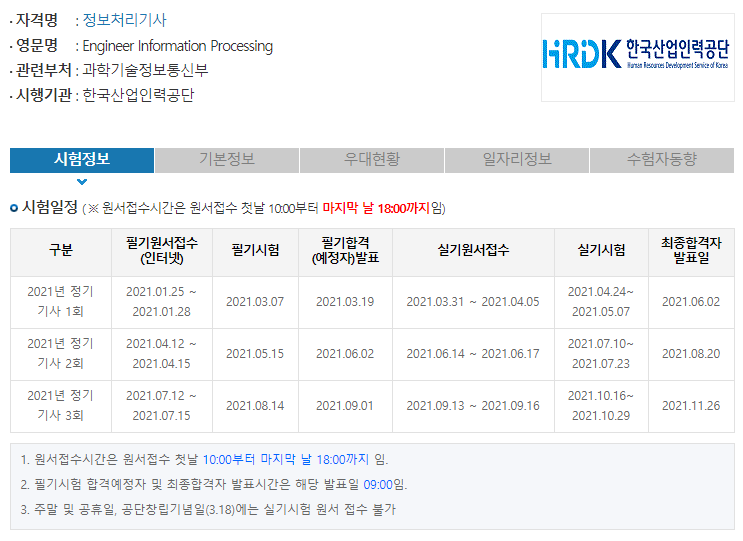  2021 정보처리기사 일정,과목