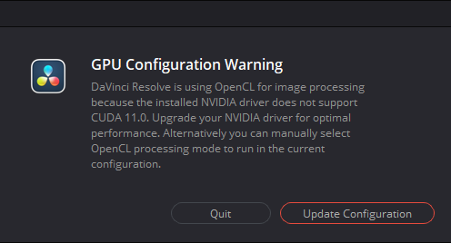 다빈치리졸브17 GPU Configuration Warning 오류_NVIDIA