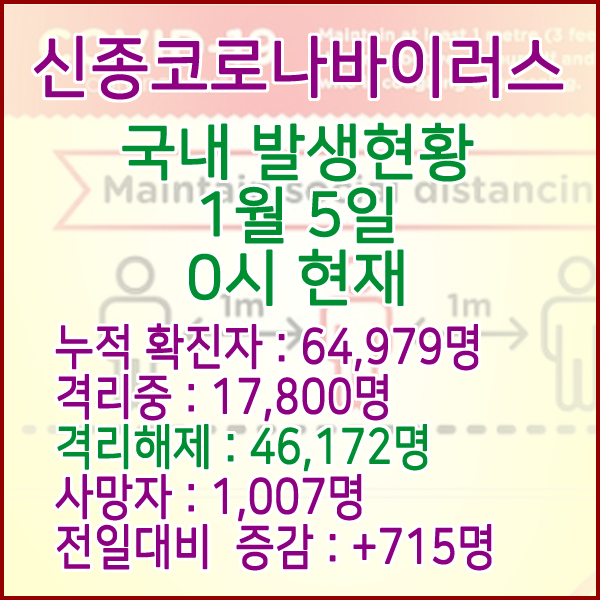  코로나19(코로나바이러스) 1월 5일 0시 국내(해외포함) 발병 64,979명 / 46,172명 완치 격리해제 / 사망자 1,007명