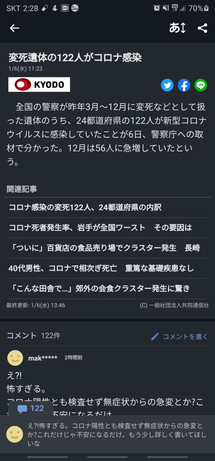  일본 변사체 122구가 코로나 감염