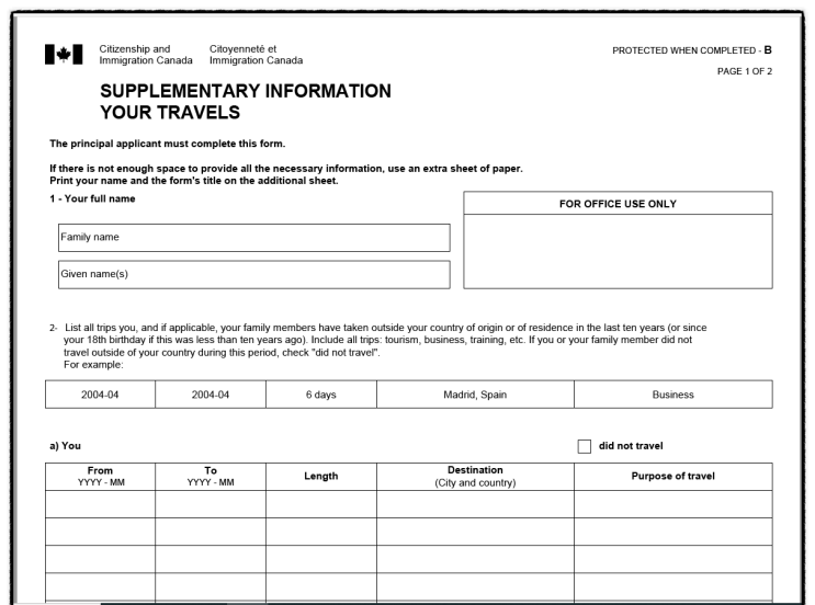 캐나다 워킹홀리데이 연방 PNP 서류 Supplementary Travel