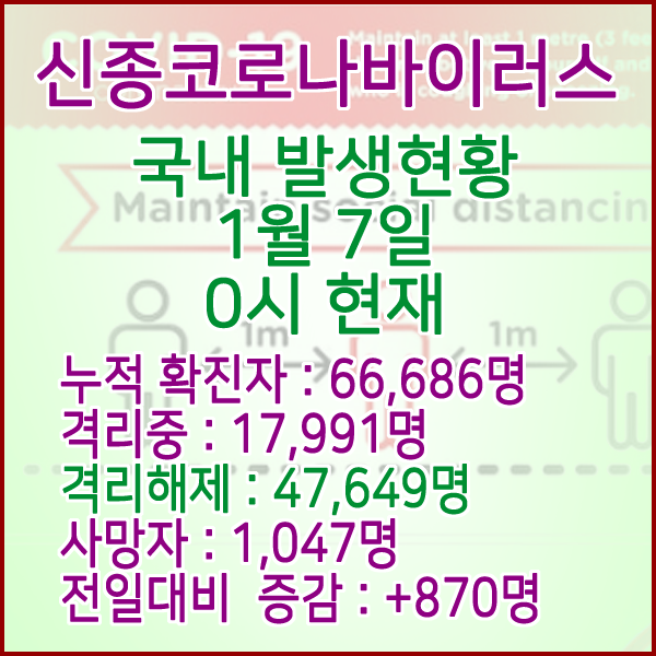  코로나19(코로나바이러스) 1월 7일 0시 국내(해외포함) 발병 66,686명 / 47,649명 완치 격리해제 / 사망자 1,046명