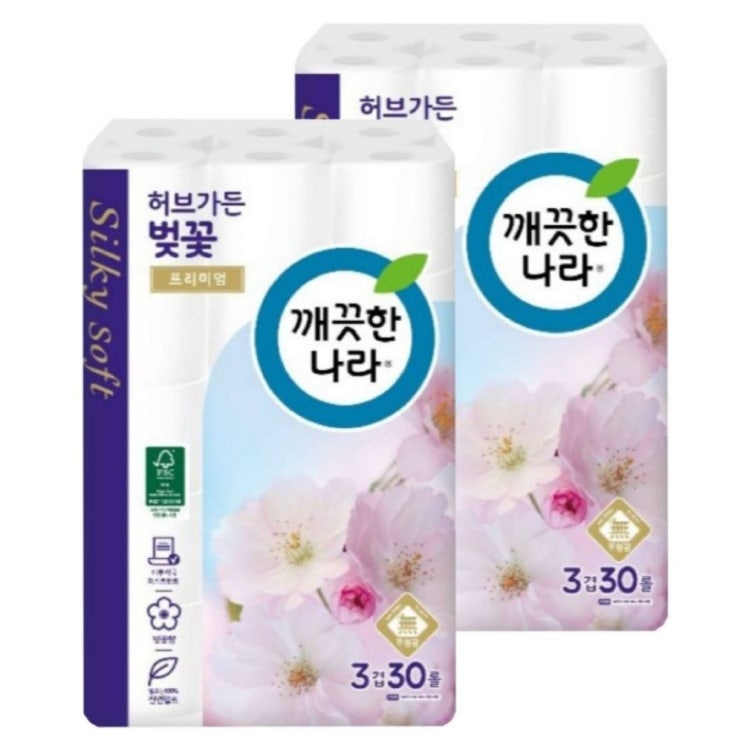 의외로 인기있는 깨끗한나라 벚꽃 3겹 프리미엄 천연펄프 화장지 30롤x2팩(벚꽃향), 2팩, 30롤 ··· 의외로 인기있는 깨끗한나라 벚꽃 3겹 프리미엄 천연펄프 화장지 30롤x2팩(벚꽃향), 2팩, 30롤 ···