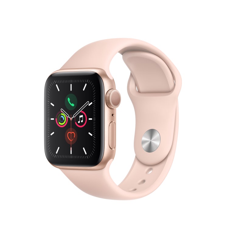 선호도 높은 Apple 애플워치5 GPS 40mm 스포츠밴드 + 알루미늄케이스, 골드(MWV72KH/A), 핑크 샌드(밴드)(로켓배송) ···