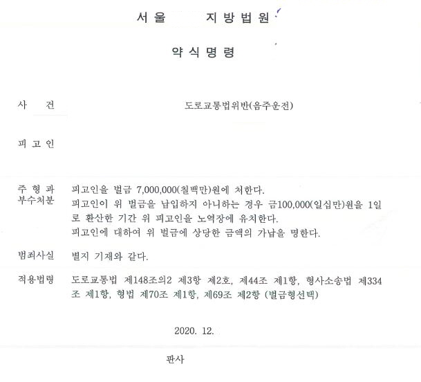  음주운전 벌금형 약식명령