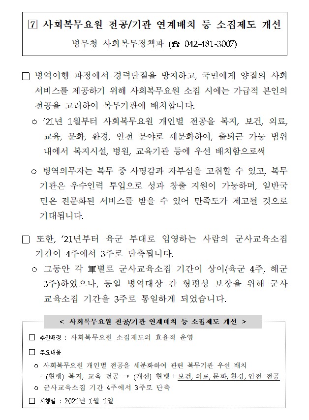 공익 사회복무요원 전공 기관 연계배치 등 소집제도 개선