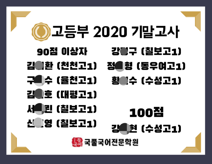  수원 천천동 최용훈 국어학원 동원고 수원여고 수성고 등 2020 중간고사 기말고사 성적우수자 명단
