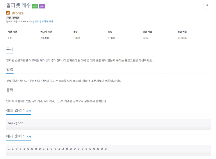  문자열 알고리즘 - 알파벳 개수(10808)