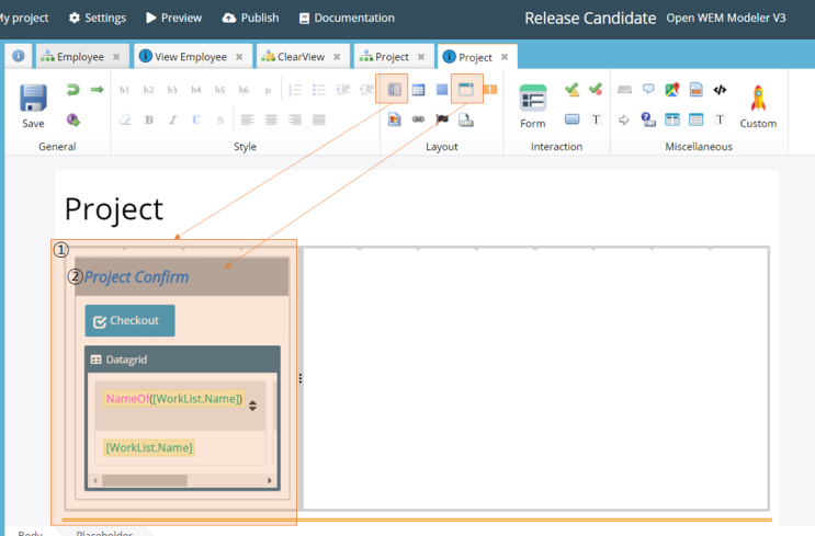  WEM Modeler : Widgets from the Layout and Interaction Tab