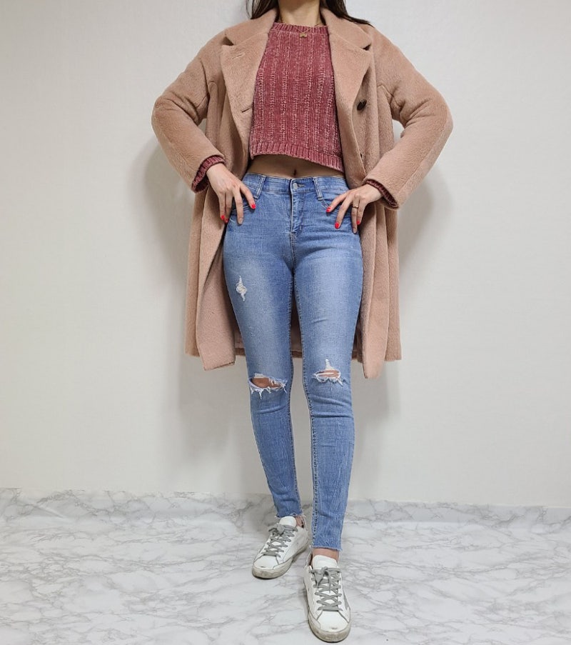 데일리룩 :: 크롭 벨벳 맨투맨, 반에이크오 스키니진, 제이제이지고트 알파카 코트, 프라다 ....