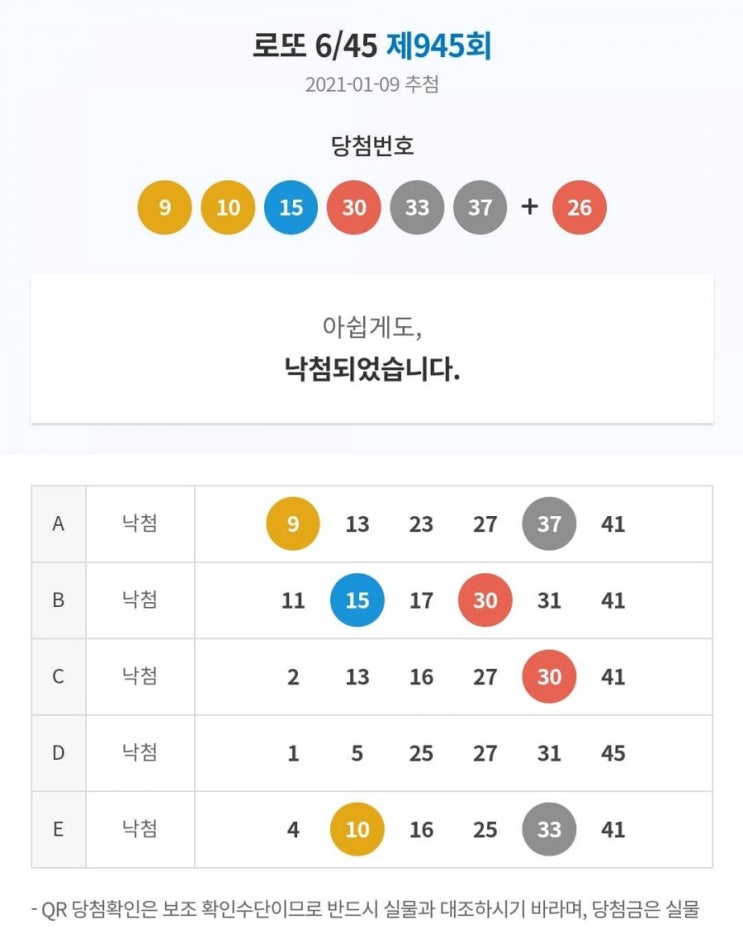  2021년01월09일 토요일 - 로또