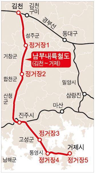  거제~김천 남부내륙철도(서부경남KTX) 노선- 거제,통영,고성,진주,합천,성주,김천에 역사 설치