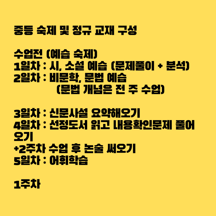  수원 천천동 국어 전문학원 최용훈 중등 정규수업 구성 및 안내