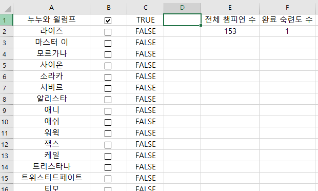  엑셀 체크박스 컨트롤 서식 100% 활용하기, 롤 숙련도 기록