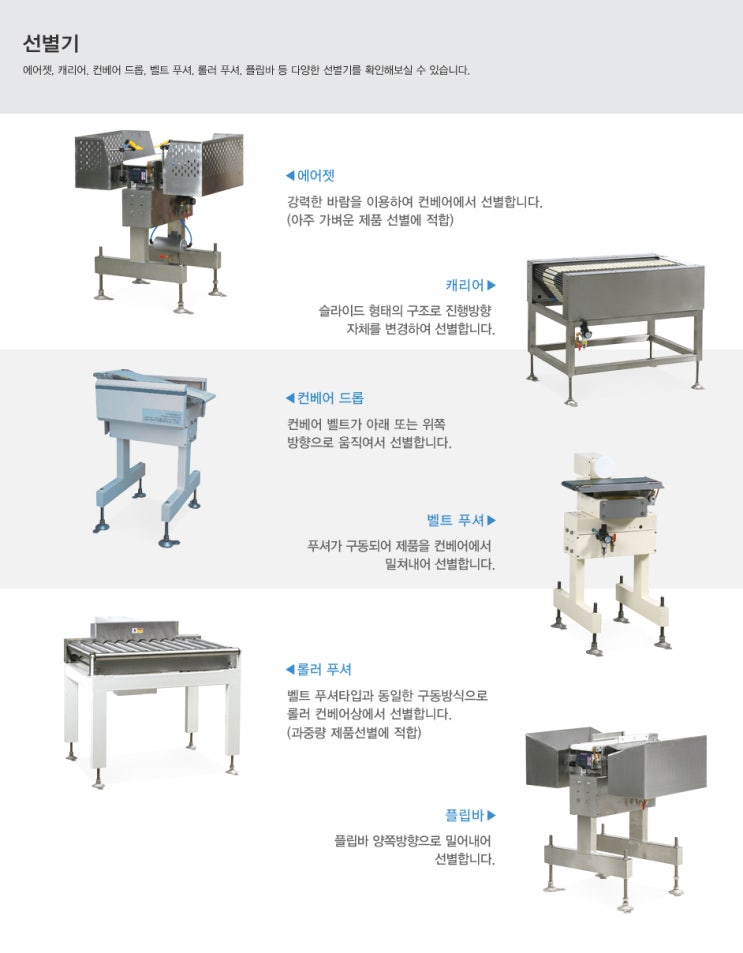  [계량/계측] 카스 중량선별기용 선별기구 / 에어젯 / 캐리어 / 컨베어 드롭 / 벨트 푸셔 / 롤러 푸셔 / 플립바 등