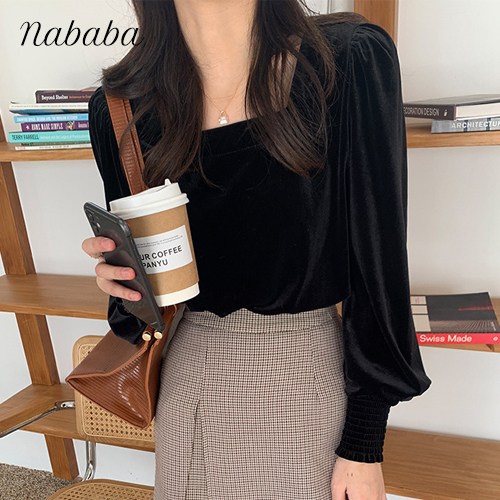 잘팔리는 나바바 NB375 여성 레트로 벨벳 스퀘어넥 블라우스 ··· 잘팔리는 나바바 NB375 여성 레트로 벨벳 스퀘어넥 블라우스 ···