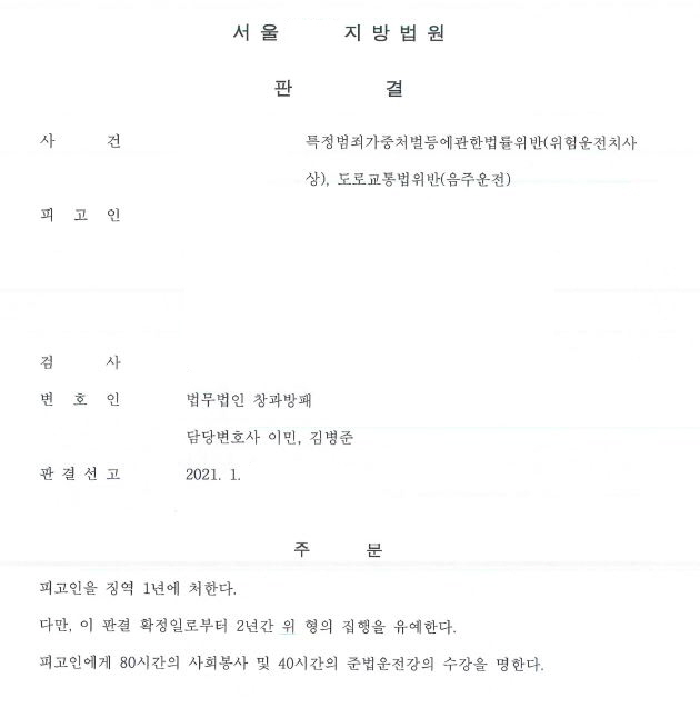  위험운전치상 및 세번째음주운전  집행유예 선고 사례