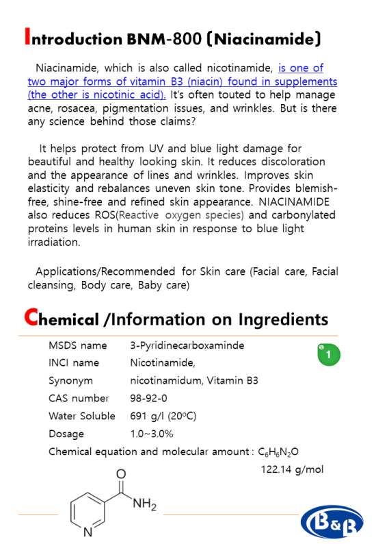  BNM-800(Niacinamide, Vitamin B3, 나이아신아마이드, 기능성 화장품원료)