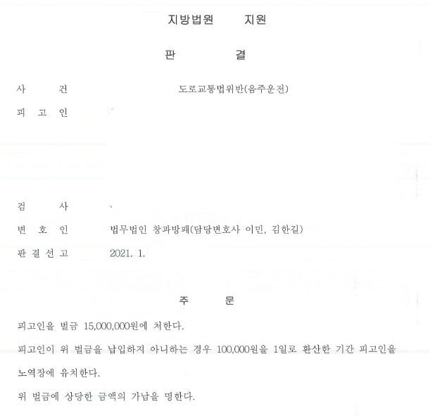  세번째 음주운전  벌금형 1500만원 선고 사례