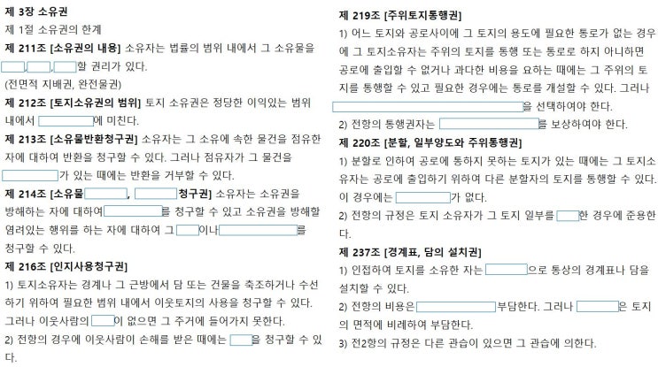  민법 조문외우기-빈칸채우기(소유권,소유권의범위, 주위토지통행권, 경계, 경계표, 경계선부근건축 ,점유취득,소급효)