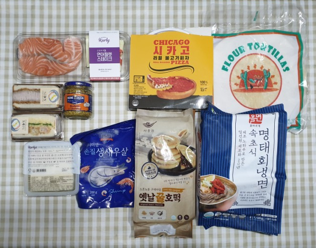  마켓컬리 _ 1월25일 구매한것들 (올면 냉면, 은하수산 생연어 스테이크, 도제 산도s, 시카고 리얼불고기피자, 사옹원 호떡, 밀또띠아, 르네디종 홀그레인머스타드, 컬리 두부)