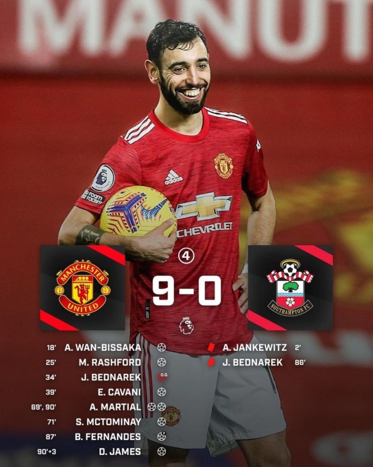  맨유, 사우스햄튼 9대 0 폭격 EPL 역대 한 경기 최다골차 승리