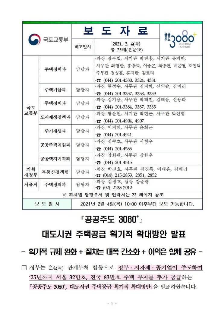 「공공주도 3080+」 대도시권 주택공급 획기적 확대방안 발표(국토교통부)