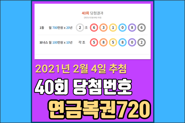 40회연금복권720 당첨번호 & 39회차 당첨판매점 [2019.02.04 추첨일]