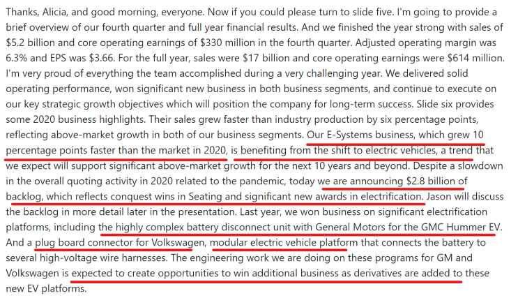  LEAR Earnings call 주요 사항 정리