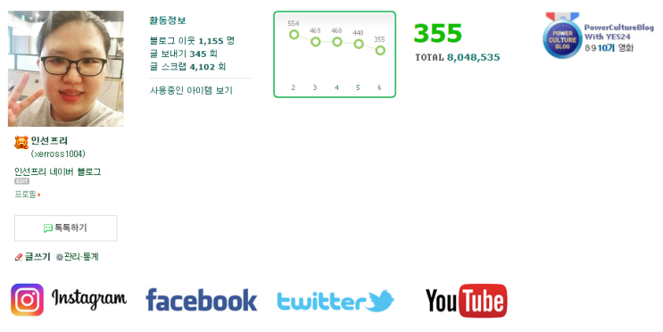  인선프리 네이버 블로그 PC 버전 SNS 위젯 연동 로고 걸어놨다 ㅋㅋ